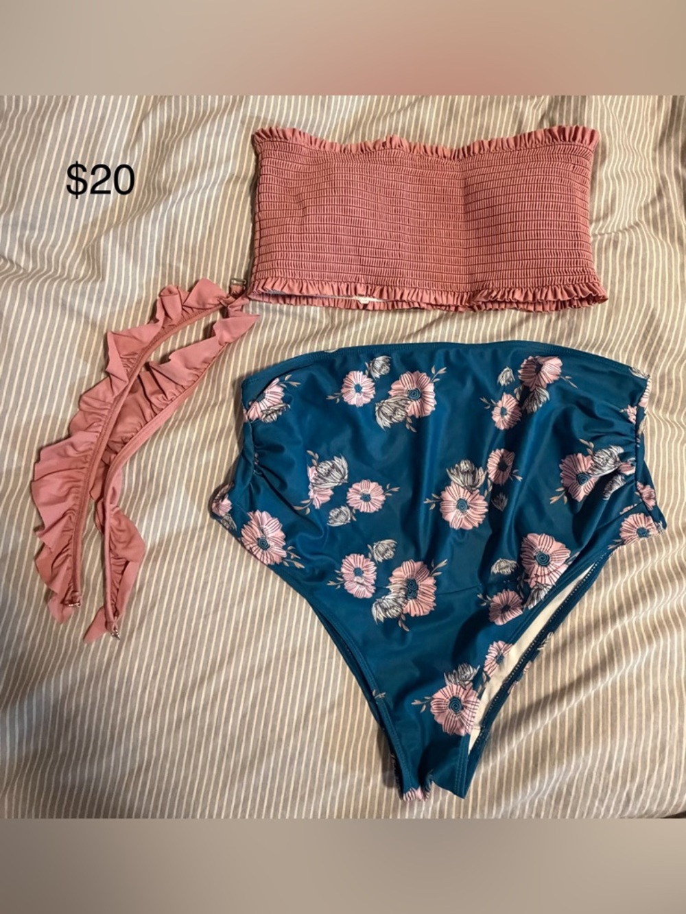 Maternity Blue Floral High Waist Bikini Bottom with Pink Smocked Bandeau